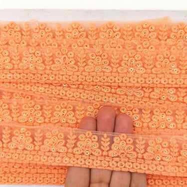 Orange Net Lace Trim With Floral Embroidery And Gold Sequins, Sequinned Trim, Wedding Trim Bridal Trim